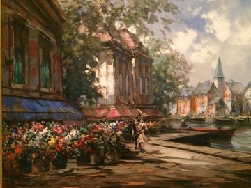 Flower Market 1990 34x44 Huge Original Painting - Pierre Latour Flower Market 1990 34x44 Huge Original Painting - Pierre Latour