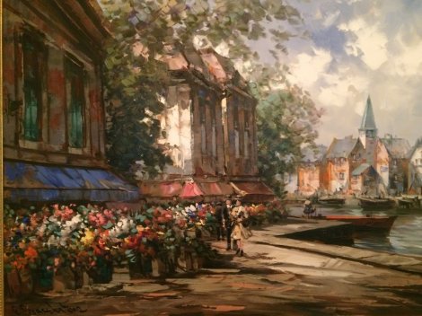 Flower Market 1990 34x44 Huge Original Painting - Pierre Latour