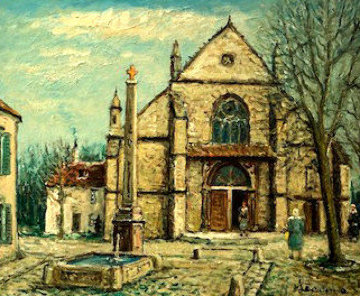 Old Gothic Church in France 1972 29x33 Original Painting - Alois Lecoque