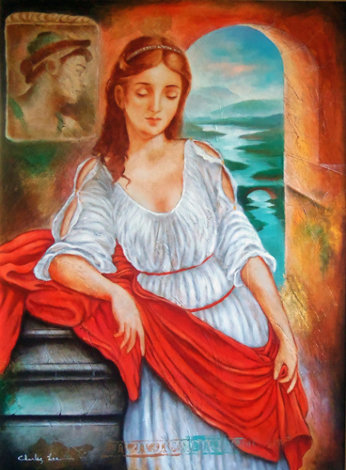 Untitled Portrait of a Young Woman With Red Sash 46x37 Huge Original Painting - Charles Lee