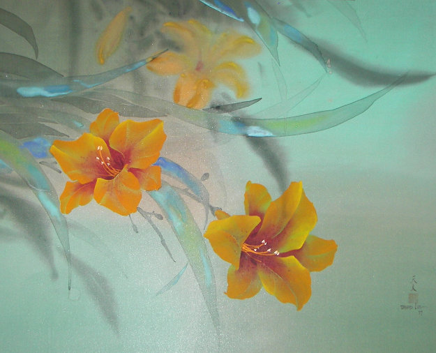 Tiger Lily On Silk Watercolor 1978 26x32 By David Lee