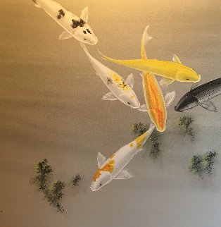 Six Koi Watercolor on silk 1970 30x40 Watercolor - David Lee Six Koi Watercolor on silk 1970 30x40 Watercolor - David Lee