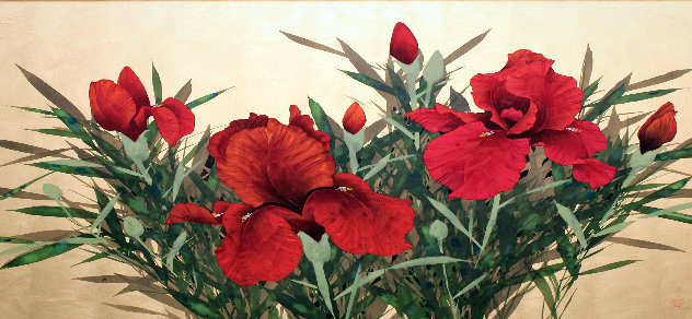 Gold Leaf Red And Purple Iris 39x28 Huge Original Painting by David Lee