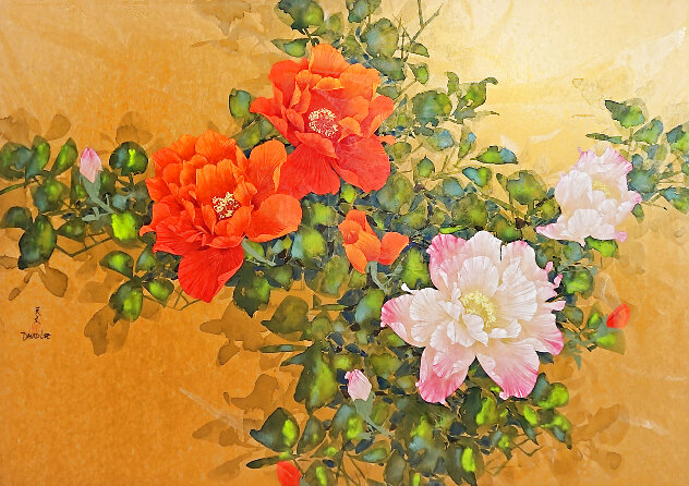 Bountiful Spring Watercolor on Gold Leaf  28x40 - Huge Watercolor by David Lee