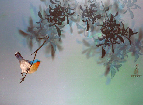 Untitled Bird in Tree 1980 18x24 - Robin Original Painting - David Lee