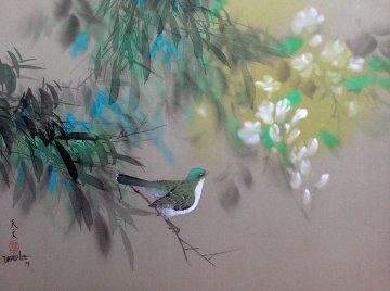 Untitled (Bird on Branch with Flowers) 1979 18x24 Original Painting - David Lee Untitled (Bird on Branch with Flowers) 1979 18x24 Original Painting - David Lee