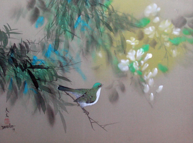Untitled (Bird on Branch with Flowers)  1979 18x24 Original Painting by David Lee
