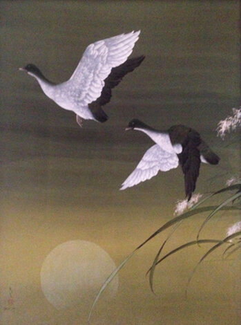 Untitled Cranes Watercolor 1973 - Huge 40x30 Watercolor - David Lee