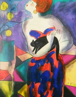 Momo Au Chat on wood 2001 21x18 Original Painting - Linda LeKinff Momo Au Chat on wood 2001 21x18 Original Painting - Linda LeKinff