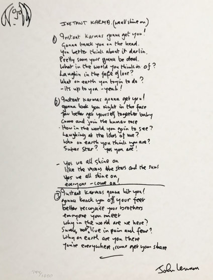 Instant Karma Lyrics 2002 Silkscreen 12x9 By John Lennon instant karma lyrics 2002 silkscreen