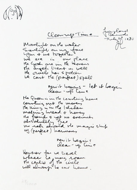 Lyrics: Clean Up Time   1980 Limited Edition Print by John Lennon