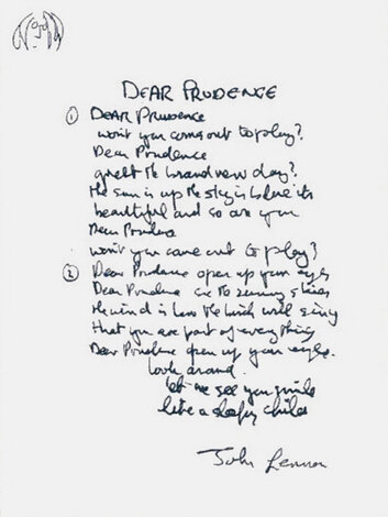 Lyrics: Dear Prudence Limited Edition Print - John Lennon