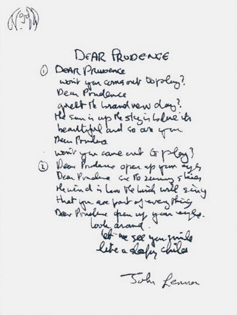 Lyrics: Dear Prudence Limited Edition Print by John Lennon