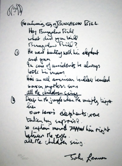 Lyrics: Bungalow Bill Limited Edition Print by John Lennon Lyrics: Bungalow Bill Limited Edition Print by John Lennon