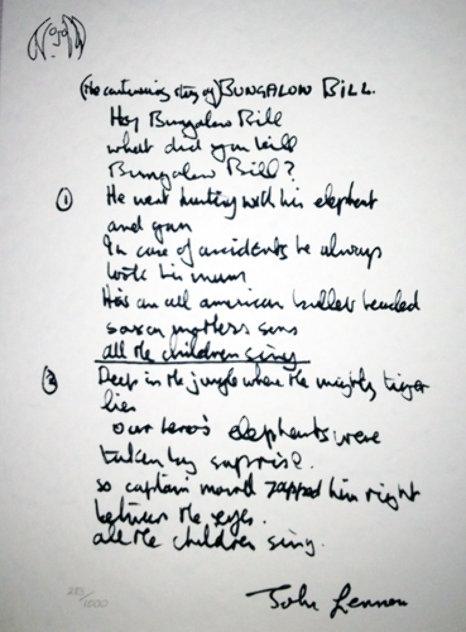 Lyrics: Bungalow Bill Limited Edition Print by John Lennon