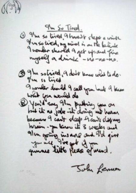 Lyrics: I'm So Tired AP 1995 Limited Edition Print by John Lennon