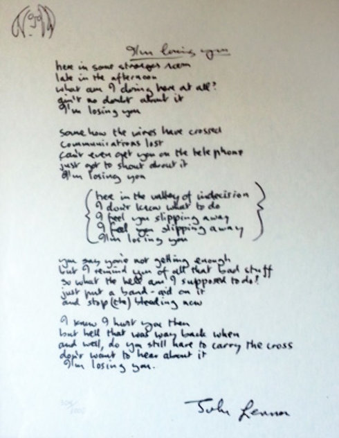 Lyrics: I'm Losing You 1995 Limited Edition Print by John Lennon