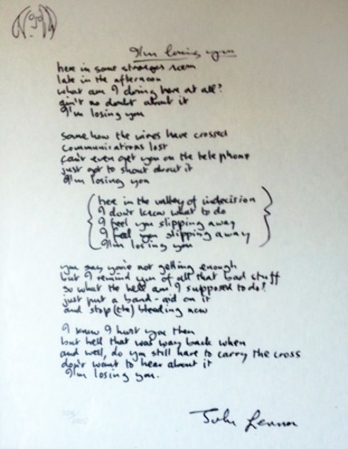 I'm Losing You Framed Limited Edition Hand Written Lyrics For