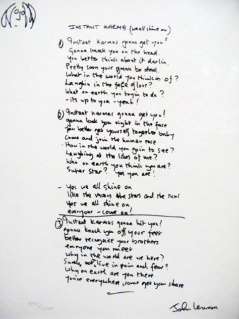 Lyrics: Instant Karma  2002 Limited Edition Print by John Lennon