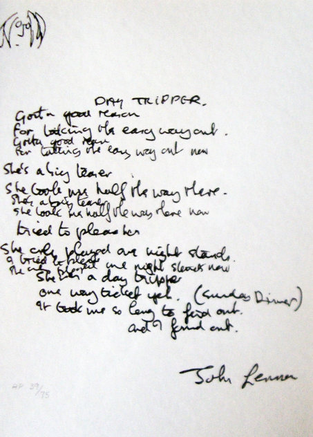 Lyrics: Day Tripper AP 1995 Limited Edition Print by John Lennon