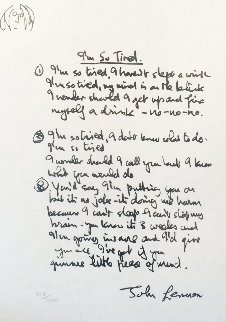 Lyrics: I'm So Tired 1995 Limited Edition Print - John Lennon Lyrics: I'm So Tired 1995 Limited Edition Print - John Lennon