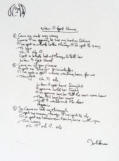 Lyrics: When I Get Home 1997 Limited Edition Print by John Lennon Lyrics: When I Get Home 1997 Limited Edition Print by John Lennon