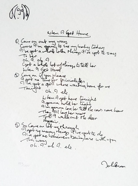 Lyrics: When I Get Home 1997 Limited Edition Print by John Lennon
