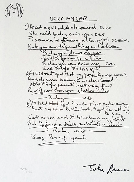 Lyrics: Drive My Car 2001 Limited Edition Print by John Lennon