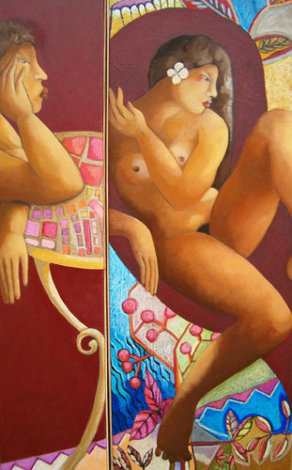 Rencontre Dyptique 2006 58x29 Huge Original Painting - Patricia Leroux