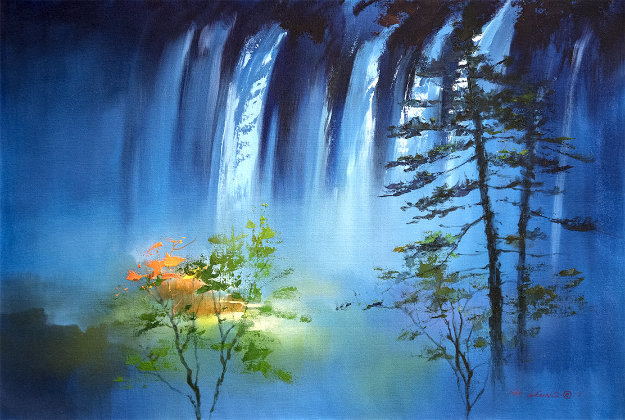 Blue Falls 2017 24x36 Original Painting - Hong Leung