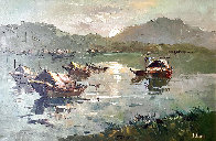 Untitled (Floating Sampans) 1960 (Early) 30x41  Original Painting by Hong Leung - 0