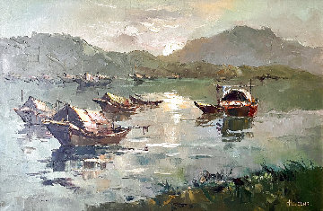 Untitled (Floating Sampans) 1960 (Early) 30x41 Huge Original Painting - Hong Leung