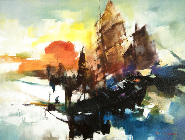 Red Sun Harbour 2017 30x39 Original Painting by Hong Leung