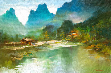Mountain River Village 2017 24x35 Original Painting - Hong Leung