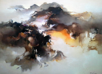 Autumn Village At Dusk 1981 36x48 Huge Original Painting - Hong Leung Autumn Village At Dusk 1981 36x48 Huge Original Painting - Hong Leung