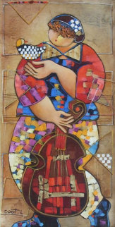 Untitled Girl With Bird and Instrument 32x24 Original Painting - Dorit Levi
