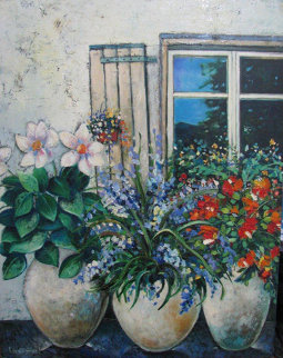 Flowers by the Window 2000 19x15 Original Painting - Dorit Levi Flowers by the Window 2000 19x15 Original Painting - Dorit Levi