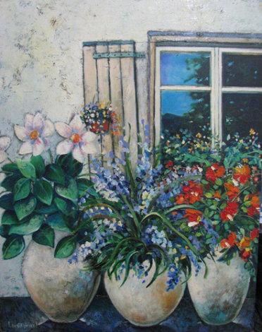 Flowers by the Window 2000 19x15 Original Painting - Dorit Levi