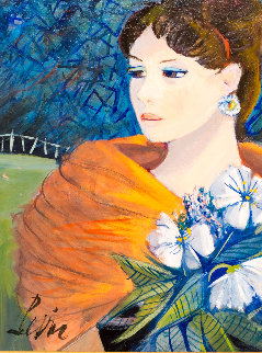Fille Aux Fleurs 24x21 Original Painting - Charles Levier Fille Aux Fleurs 24x21 Original Painting - Charles Levier