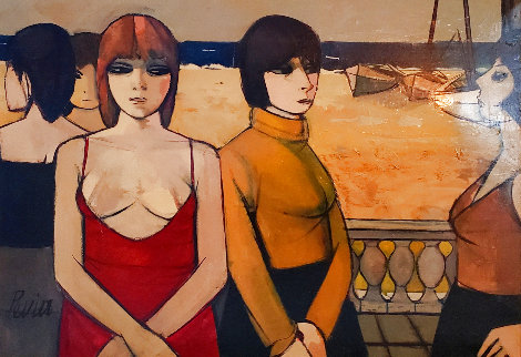 5 Femmes Sur La Playa 1960 37x47 - Huge - Beach - Early Original Painting - Charles Levier