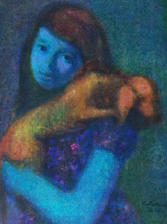 Girl With Dog 1968 24x20 Original Painting - Gustav Likan Girl With Dog 1968 24x20 Original Painting - Gustav Likan