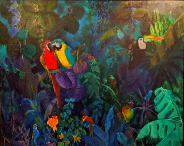Jungle Scene 1989 51x62 Super Huge Original Painting by Gustav Likan Jungle Scene 1989 51x62 Super Huge Original Painting by Gustav Likan