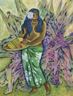 Woman With Fruit Bowl 46x38 Super Huge Original Painting - Zhou Ling Woman With Fruit Bowl 46x38 Super Huge Original Painting - Zhou Ling