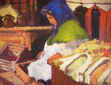 Woman in Encants 1986 19x19 Original Painting - Ramon Lombarte Woman in Encants 1986 19x19 Original Painting - Ramon Lombarte