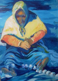 Fisherwoman 1988 20x14 Original Painting - Ramon Lombarte Fisherwoman 1988 20x14 Original Painting - Ramon Lombarte