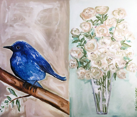 Bluebird and White Roses 2008 30x36 Original Painting - Ashley Longshore