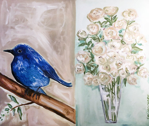 Bluebird and White Roses 2008 30x36 Original Painting by Ashley Longshore