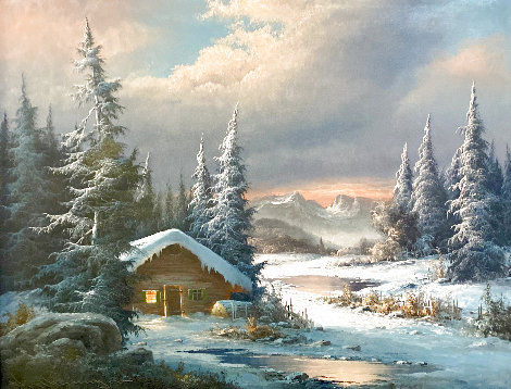 Winter Sunset Landscape 1970 28x35 Original Painting - Ludwig Muninger