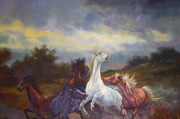 Stallion Attack 1969 23x31 Original Painting - Ludwig Muninger