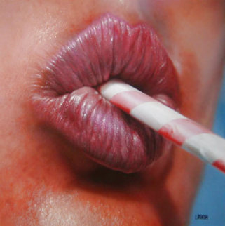 Untitled - Lips with Straw 1986 24x27 Original Painting - Luigi Rocca